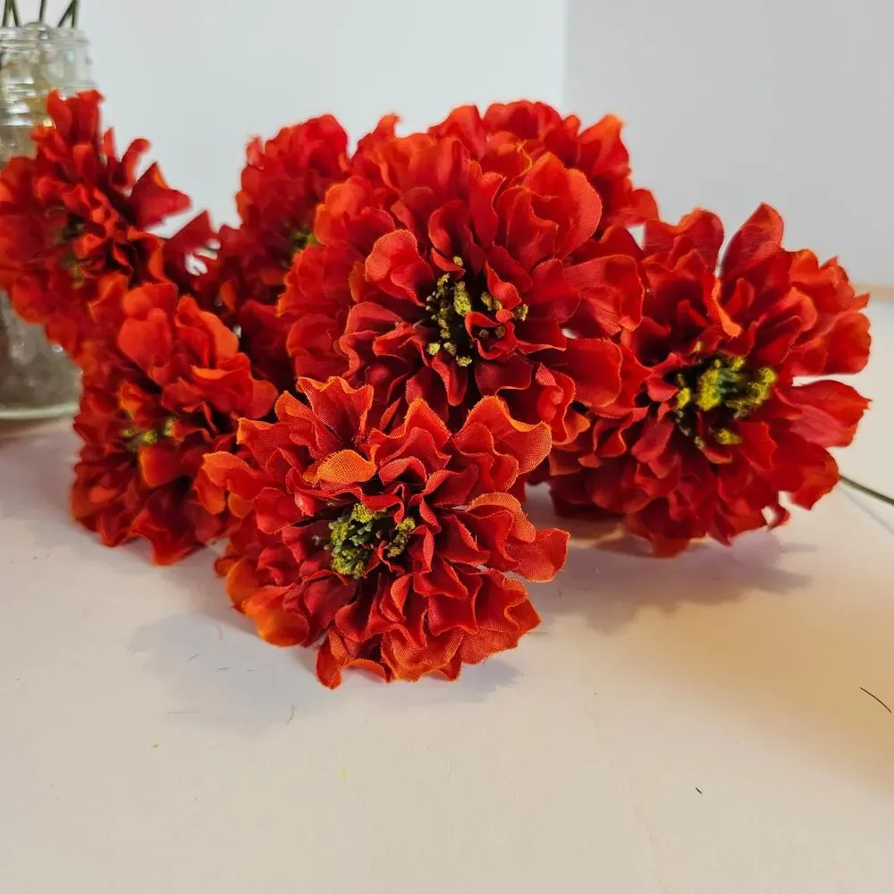 Silk Artificial Flowers Red Orange Zinnia 35 Stem Lot Floral Craft Wedding Home
